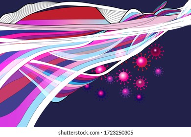 Vector illustration with graphic linear waves strokes and coronaviruses.