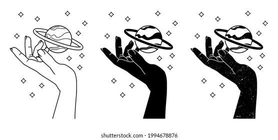 vector illustration graphic logo sticker elements of drawn witch hands planet stars mystic occult tarot halloween goth concept isolated in outline black and white faded grit tattoo engraving aesthetic