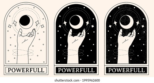 vector illustration graphic logo sticker elements set of drawn witch hands moon stars mystic occult tarot halloween goth concept in isolated outline black and white distress tattoo engraving aesthetic