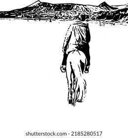 Vector illustration, graphic of a man rides a horse in the mountains. Great for travelling and more.