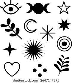 Ilustração vetorial gráfico ícone motivo mistério manifestação astrológica espiritual bruxa estilo preto e branco