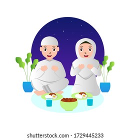 vector illustration graphic of Muslim couple who are iftar party. Perfect for ramadan posters, infografis, ui, ux