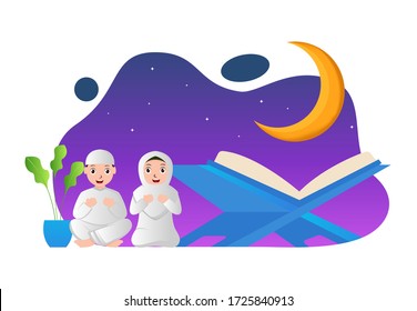 Vector illustration graphic of Muslims who are praying next to the Qur'an. Good for Ramadan poster, ui, ux