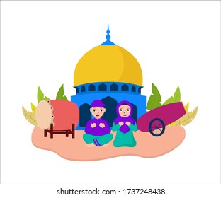 Vector illustration graphic of Muslims who are praying next to the Mosque. Good for Ramadan poster, ui, ux