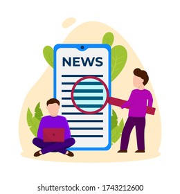 Vector illustration graphic of news. men who are looking for news through newspapers and laptops. good for posters or infographics