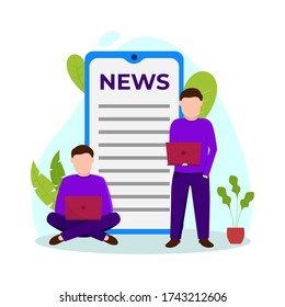 Vector illustration graphic of news. men who are looking for news through newspapers and laptops. good for posters or infographics