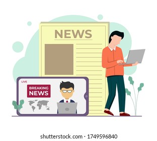 Vector illustration graphic of news. men who are looking for news through smartphone and laptop. good for posters or infographics