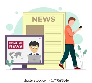 Vector illustration graphic of news. men who are looking for news through smartphone and laptop. good for posters or infographics