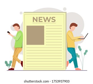 Vector illustration graphic of news. men who are looking for news through laptop. good for posters or infographics