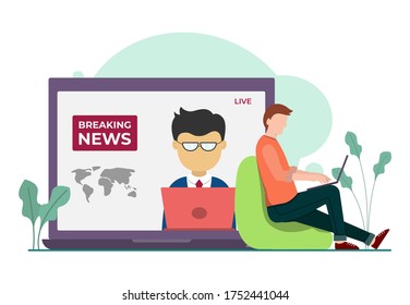 Vector illustration graphic of newscast on laptop. Man looking for news on laptop. Good for posters or infographics