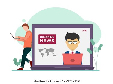 Vector illustration graphic of newscast on laptop. Man looking for news on laptop. Good for posters or infographics