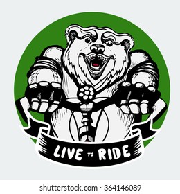 Vector illustration graphic picture on a T-shirt,smiling bear a strong cycling gloves smiling, riding a bike, traveling.Logo for cycling,bike shop,cycling marathon.ride to live. Black  pencil ink.card