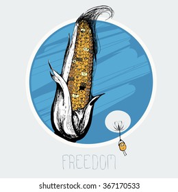 Vector illustration graphic picture on a T-shirt.Freedom, travel, original corn with smiles. Postcard image for notepad and ink.Black and white pencil ink.card corn has come off and fly on a dandelion