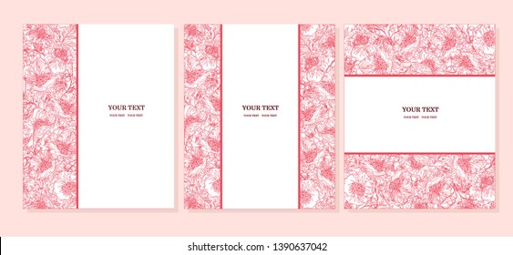 Vector illustration of graphic poppies for design and space for text. Red poppy flowers with berries. Set of templates for invitation cards, weddings, banners, brochure cover design.