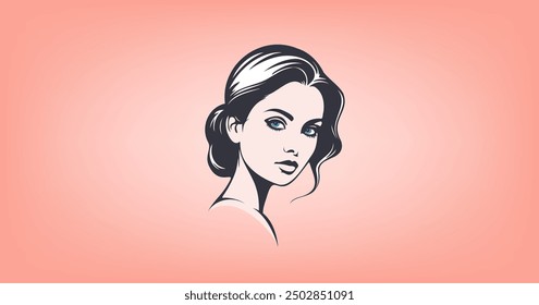 Vector illustration. Graphic portrait of young beautiful nice girl. Teen lady with blue eyes. Fashionable gorgeous madam. Logo or sticker.