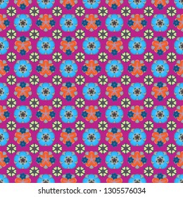 Vector illustration. Graphic print flower pattern in orange, purple and blue colors. Seamless pattern vector background with stylized little flowers.