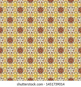 Vector illustration. Graphic print flower pattern in beige, yellow and gray colors. Seamless pattern vector background with stylized little flowers.