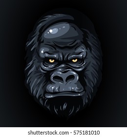 Vector Illustration, Graphic Print, Realistic Black Face Gorilla, Yellow Eyes On A Dark Background