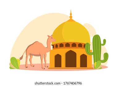 Vector illustration graphic of Qurban. A Mosque with Qurban camel. Perfect for poster.