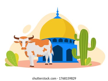 Vector illustration graphic of Qurban. A Mosque with Qurban cow. Perfect for poster.