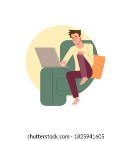Vector illustration graphic of remote freelancer sitting on sofa home with laptop. Character concept for work from home design