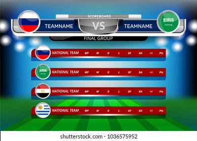 Vector Illustration Graphic of Scoreboard Broadcast and Lower Thirds Template with group table for soccer world tournament championship