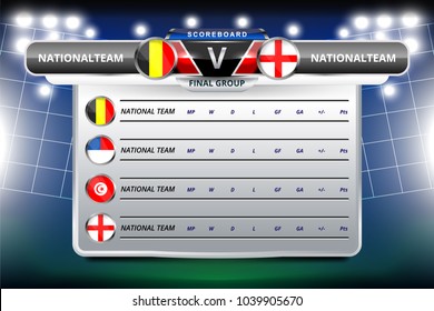 Vector Illustration Graphic of Scoreboard Broadcast and Lower Thirds Template with group table for soccer world tournament championship