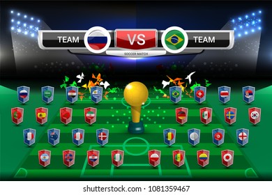 Vector Illustration Graphic of Scoreboard Broadcast and Lower Thirds Template with badges nation flag for soccer world tournament championship in russia 2018