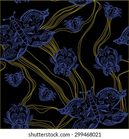 Vector illustration of graphic seamless pattern of fantastic butterfly with flower on black background