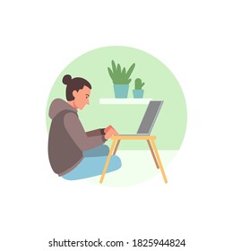Ilustración vectorial de estudiante o autónomo en la oficina del hogar. Gráficos vectoriales para el trabajo desde afiches, folletos o diseño web del hogar