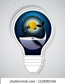 Vector and Illustration graphic style. Blue whale and full moon in light bulb , Concept for presentation , paper cut style, EPS 10.