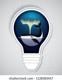 Vector and Illustration graphic style. Blue whale  in light bulb , Concept for presentation , paper cut style, EPS 10.