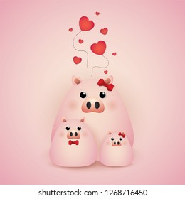 Vector and Illustration graphic  style, Cute cartoon, happy family  pig on a light background.