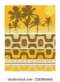 Vector illustration in graphic style of landscape of the waterfront of Ipanema, Rio de Janeiro, Brazil. Art with geometric and abstract motifs.