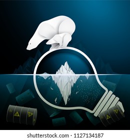 Vector illustration of graphic style. Polar Bear, Antarctic iceberg and the ocean in light bulb and Marine pollution. hazardous chemicals. Environmental impact. Concept for presentation for you. 