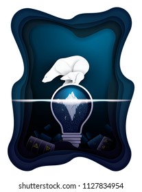 Vector and Illustration of graphic style. Polar Bear, Antarctic iceberg and the ocean in light bulb and Marine pollution. hazardous chemicals. Environmental impact. Concept for presentation EPS 10.
