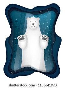 Vector and Illustration of graphic style, Polar Bear in Glass frame,paper art deep style,Concept for presentation EPS 10.