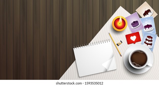 Vector and illustration of graphic style. Realistic white coffee cup with saucer and cake card ,candle,top view, isolated on brown wooden background.Template, design element.