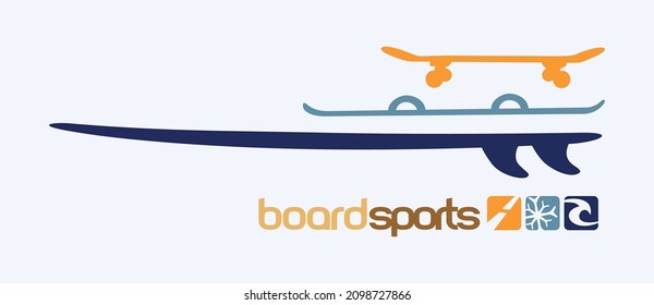 Vector illustration in graphic style with reference to sports with boards. Skate, Surf and Snowboard.