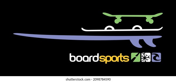 Vector illustration in graphic style with reference to sports with boards. Skate, Surf and Snowboard.