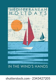 Vector illustration in graphic style of seaside landscape with sea and stylized sailboats. Art for posters, prints on t-shirts and etc.