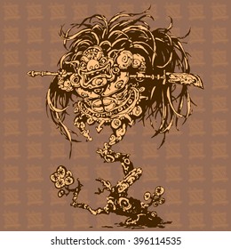 Vector illustration in graphic style. Traditional character of china folklore. Evil demon with halberd in his hands. Poster.
