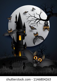 Vector and Illustration graphic style,Halloween party bats flying in the night with full moon and Haunted Castle in cemetery.