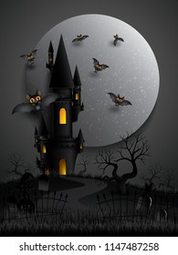 Vector and Illustration graphic style,Halloween party bats flying in the night with full moon and Haunted Castle in cemetery,eps10.