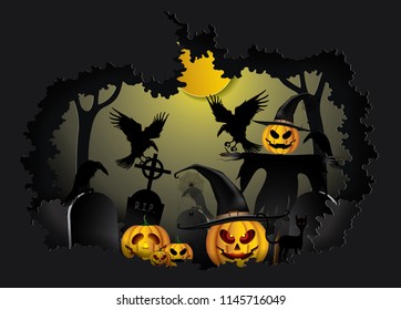 Vector and Illustration graphic style,Halloween pumpkins  party with full moon night and scarecrow isolated on white background.