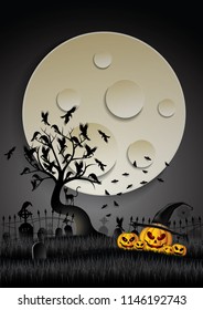 Vector and Illustration graphic style,Halloween pumpkins  party with full moon night  in cemetery on background.