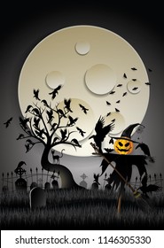 Vector and Illustration graphic style,Halloween pumpkins  party with full moon night and Scarecrow in cemetery.