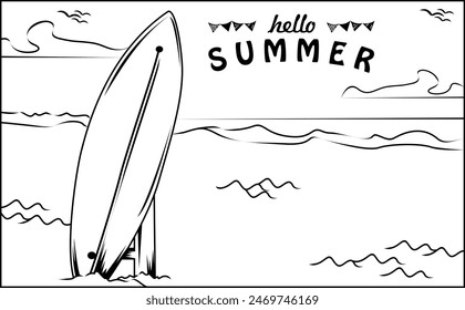 Vector illustration graphic of a surfboarad on the beach with the words 'Hello Summer.' Suitable for children's product graphic elements.