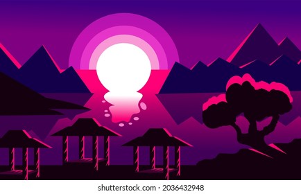 Papel gráfico de ilustraciones vectoriales con paisaje, playa de montañas, puesta de sol en morado.