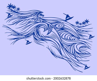 Vector illustration of graphic waves, handmade, in simple and stripped lines with silhouettes of surfers and palm trees.